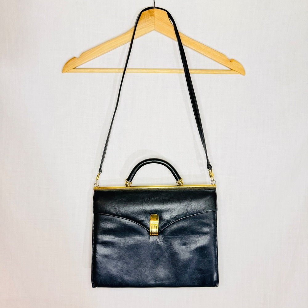 Vintage Black Leather Frame Handbag Gold Hardware Top Handle Shoulder Bag - Picture 2 of 12